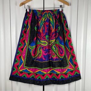 Vintage Megan Moore Pleated Pull on Skirt Womens 4 Colorful Silky Geometric Midi